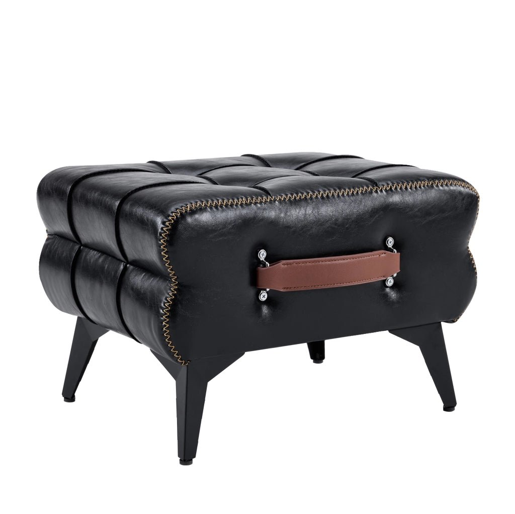 Pouf poggiapiedi portatile in PU nero con maniglia marrone e gambe in acciaio