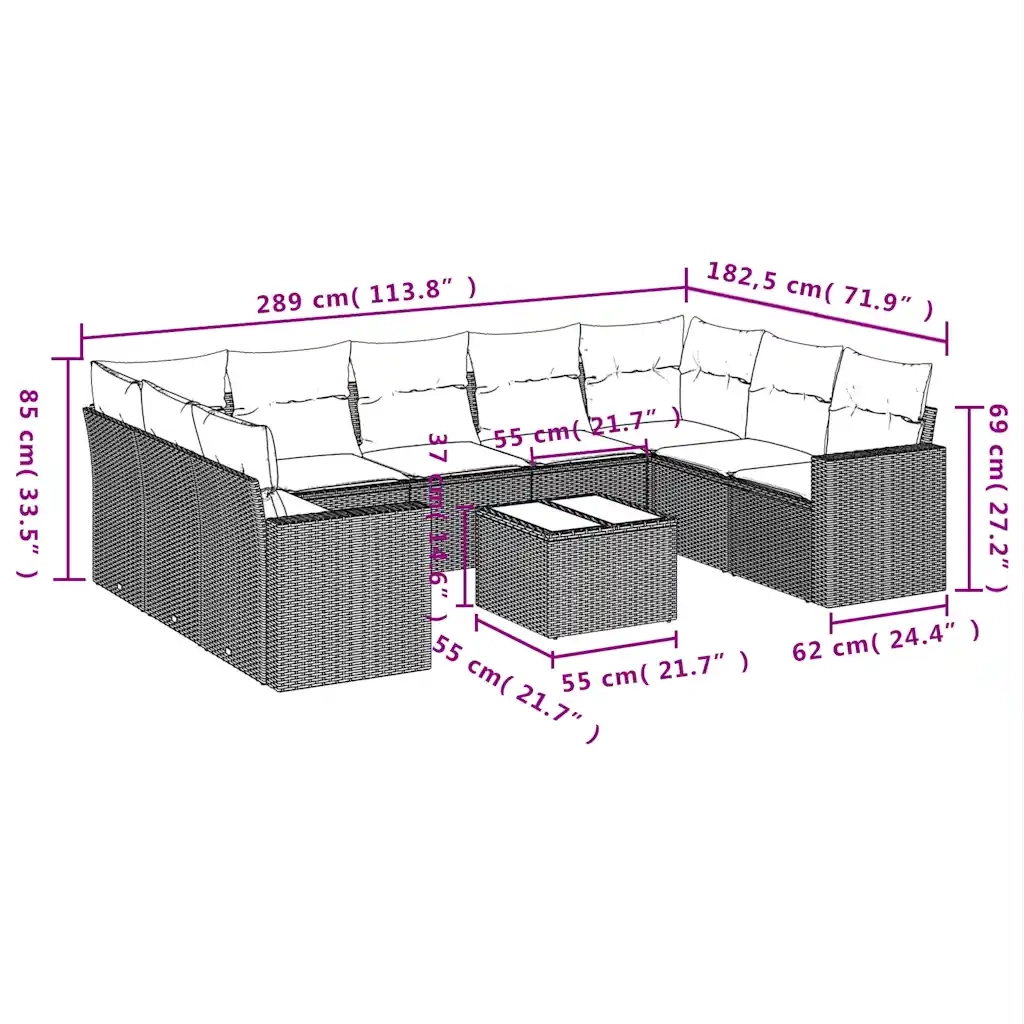 Set Divani da Giardino 10pz con Cuscini in Polyrattan Marrone
