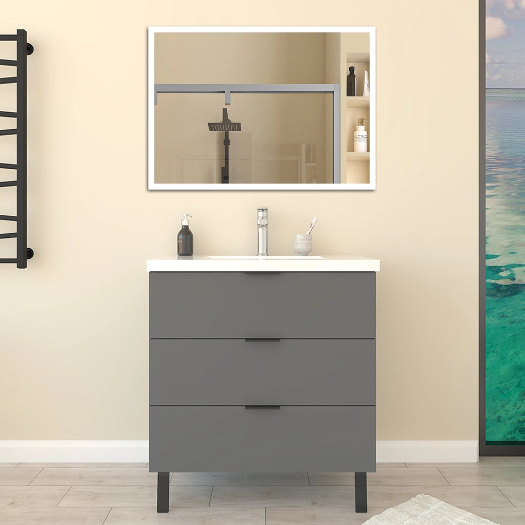 Mobile Bagno Appoggio 80 cm con 3 Cassetti, Lavabo da Incasso, Nero