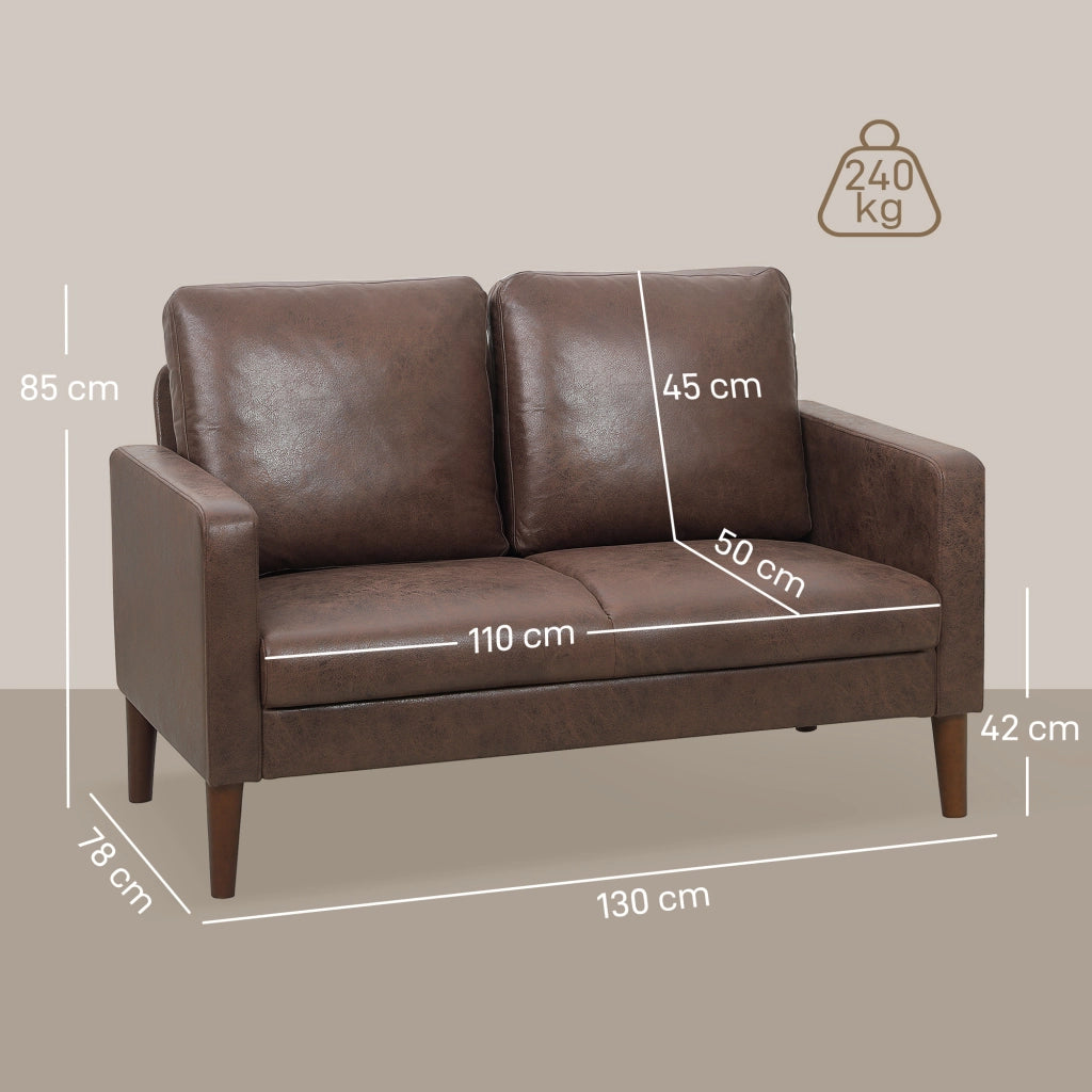 Divano 2 Posti Moderno 130x78x85 cm con Rivestimento in Tessuto Effetto Pelle Traspirante e Gambe in Legno Marrone Scuro