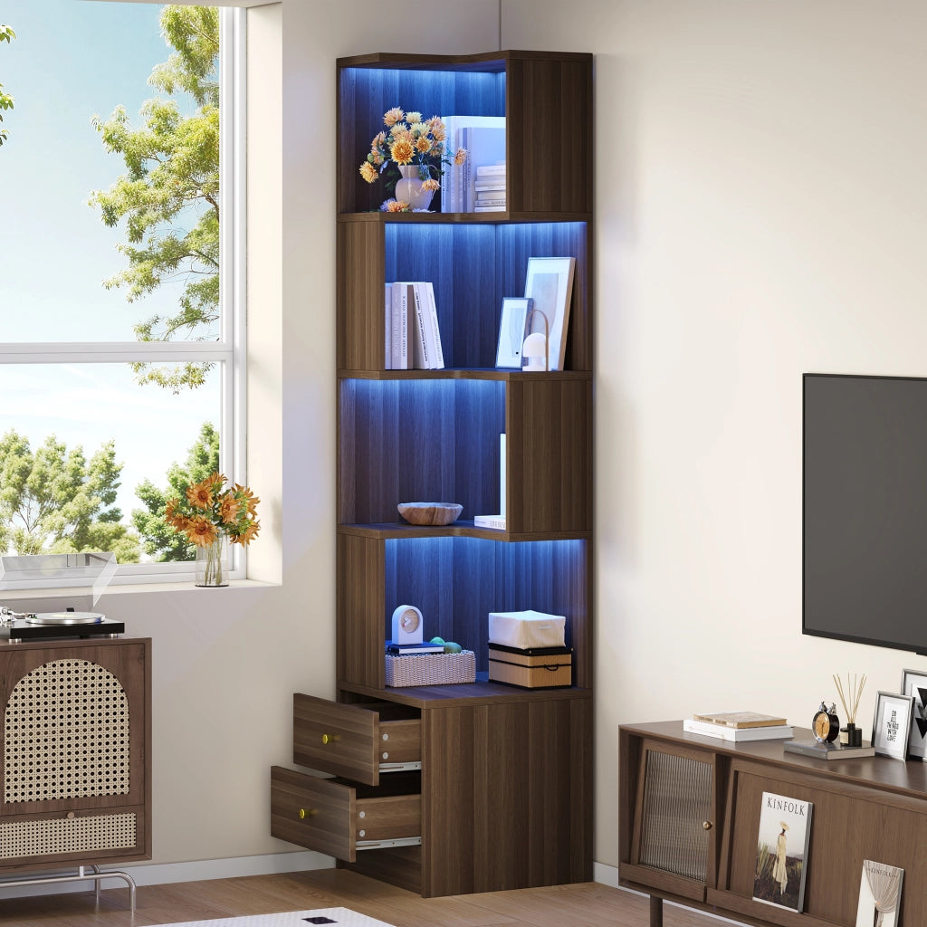 Libreria angolare a L con illuminazione LED controllabile via app, 45 x 43,5 x 180 cm, marrone