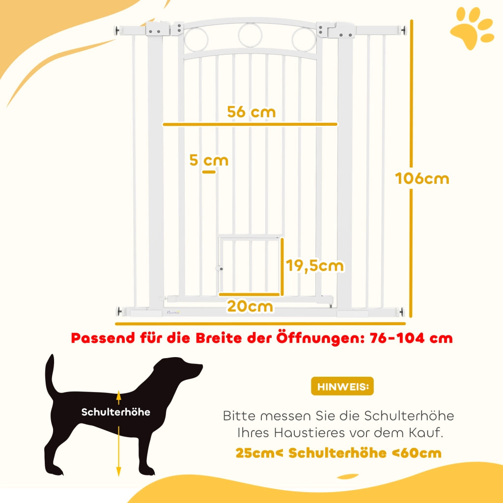 Cancelletto per animali domestici 106 cm ¨C Xylo ¨C regolabile, con porta per gatti, bianco