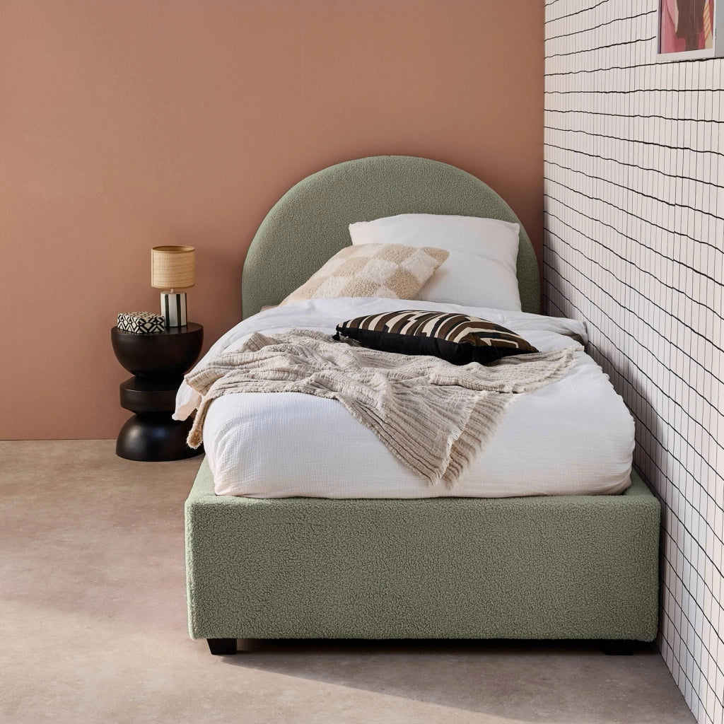Struttura letto con contenitore e testiera 90x190cm, imbottita bouclé,