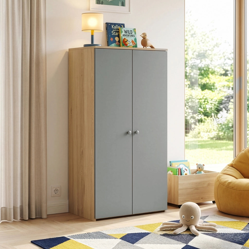 Armadio Beldinupp per Cameretta a 2 Ante 123 x 60 x 40 cm - Effetto Rovere/Grigio [en.casa]