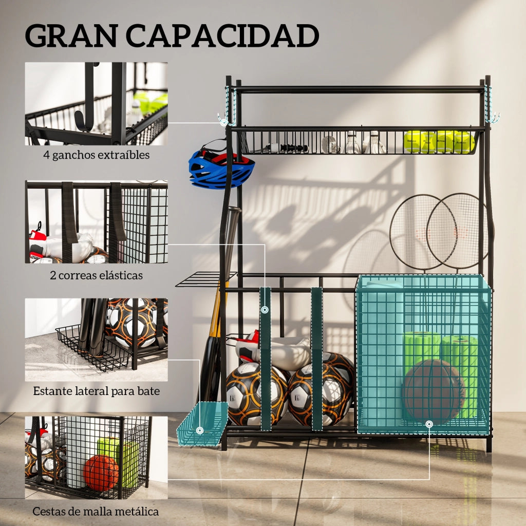 Organizzatore per Attrezzature Sportive con Cestino, Ganci Estraibili e Fasce Elastiche ¨C Zephmum ¨C Grigio