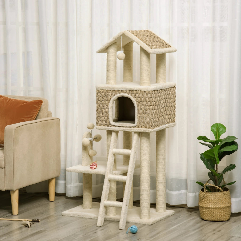 Tiragraffi con cuccia per gatti e giocattoli ¨C Xylo ¨C Sisal peluche beige marrone