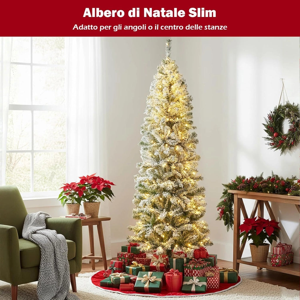 Albero di Natale Slim 180cm, Albero di Natale Innevato con 260 Luci LED, 8 Modalità, 533 Rami in PVC e Base in Metallo Pieghevole, Decorazione Natalizia per Casa e Ufficio (180 cm)