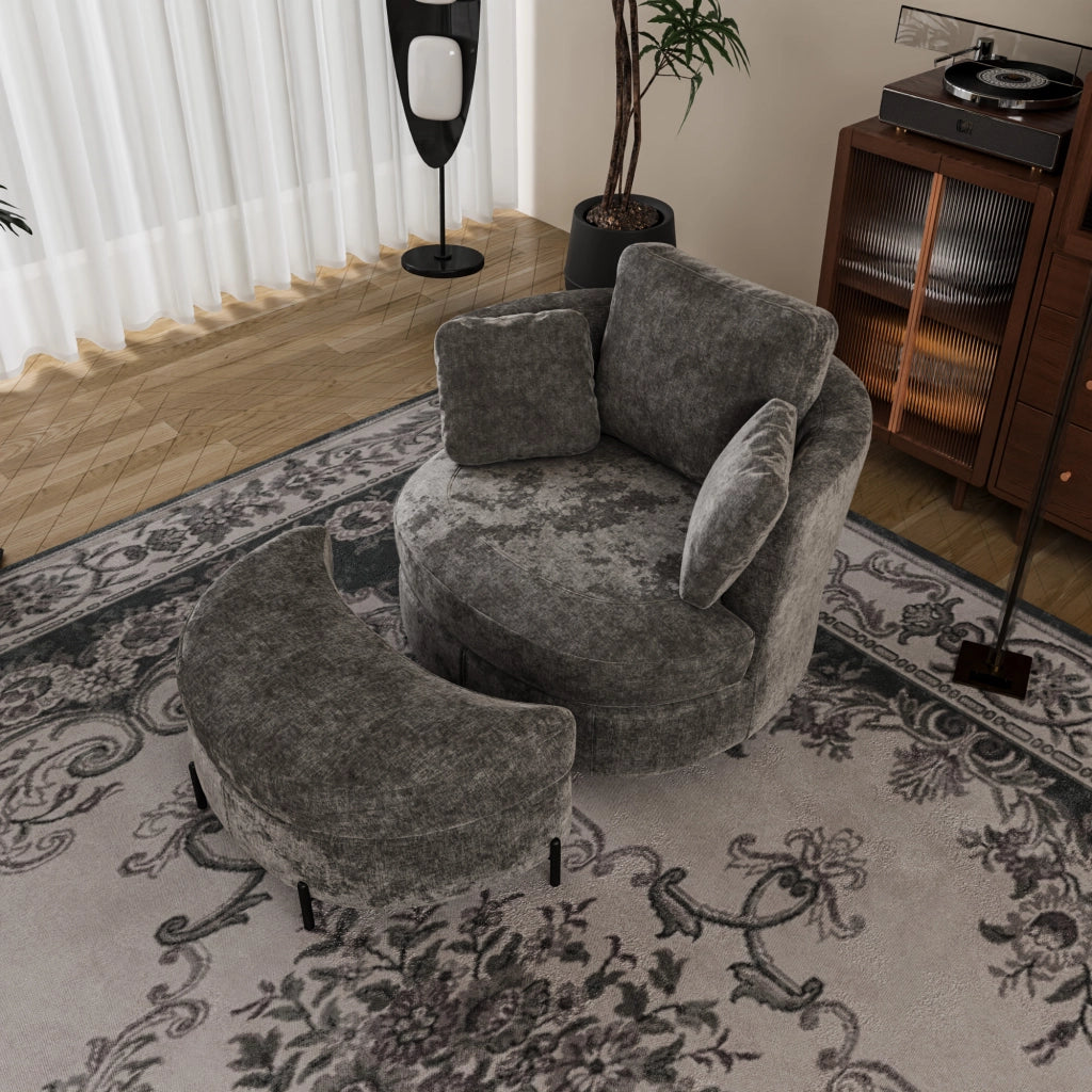 Poltrona XXL con Pouf a Luna ¨C MINIMAL ¨C Grigio, Tessuto Chenille, Cuscini