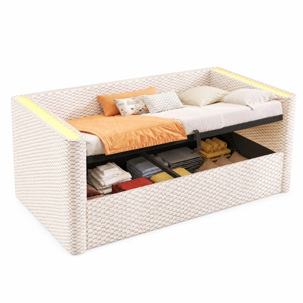 Divano letto daybed 90x200 cm in velluto beige con LED e contenitore idraulico