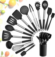 Set di accessori da cucina in silicone da 15 pezzi con trattamento antiaderente e manico resistente al calore - set di accessori da cucina con supporto - garde, spatola e cucchiaio - nero