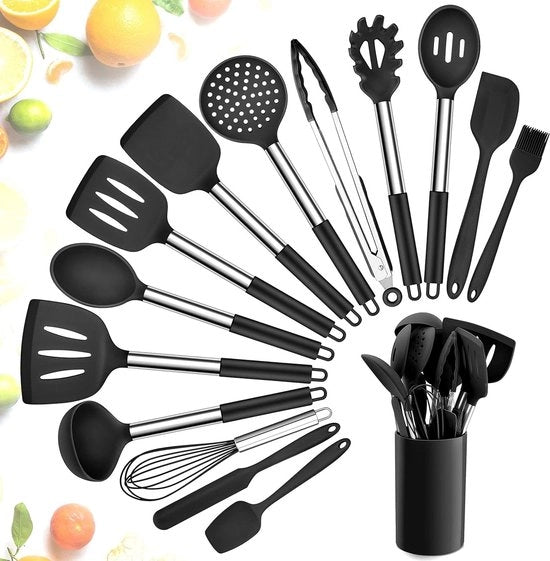 Set di accessori da cucina in silicone da 15 pezzi con trattamento antiaderente e manico resistente al calore - set di accessori da cucina con supporto - garde, spatola e cucchiaio - nero