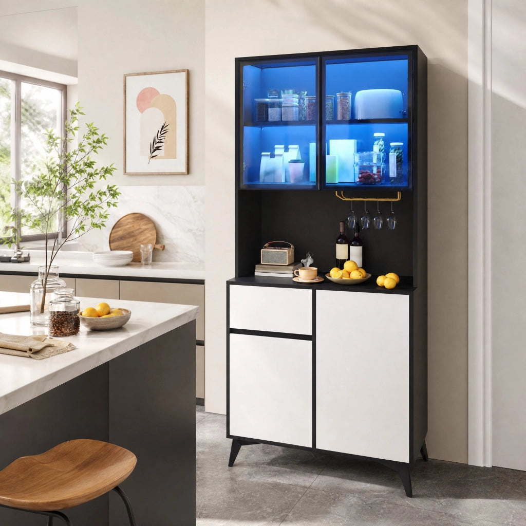 Credenza con vetrina LED regolabile tramite app con cassetto e portabicchieri dorato in MDF bianca e nera 80 × 40 × 180 cm