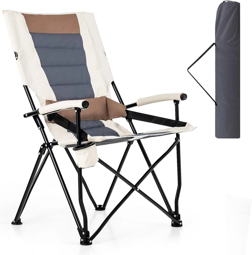 Sedia da Campeggio Pieghevole Portatile, Sedia da Campeggio Imbottita 150 KG con Portabicchieri Braccioli Cuscino Struttura in Metallo, Sedia Portatile da Esterno Pesca Giardino Campeggio