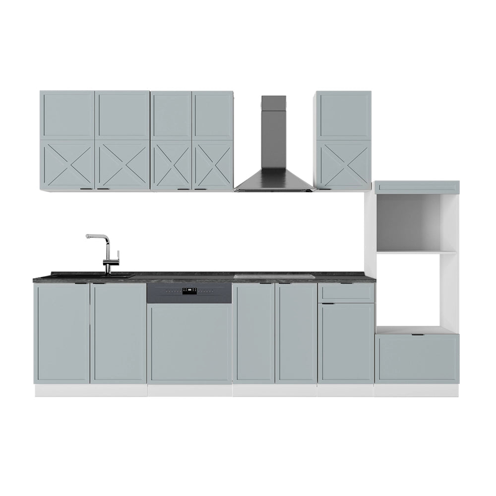 Cucina componibile Fame-Line Blu-grigio chiaro/Bianco 300 cm con armadio alto, PL Antracite Vicco