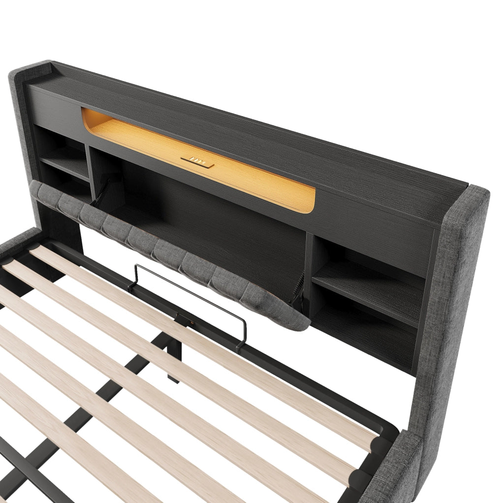 Letto imbottito grigio 140x190 con contenitore, LED e ricarica USB-C