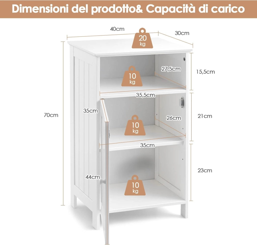 Mobile bagno, Armadietto Multiuso e Salvaspazio con Ante e Mensola Regolabile, Mobiletto in Legno per Soggiorno, Camera da letto e Ufficio, 40 x 30 x 70cm (Bianco)