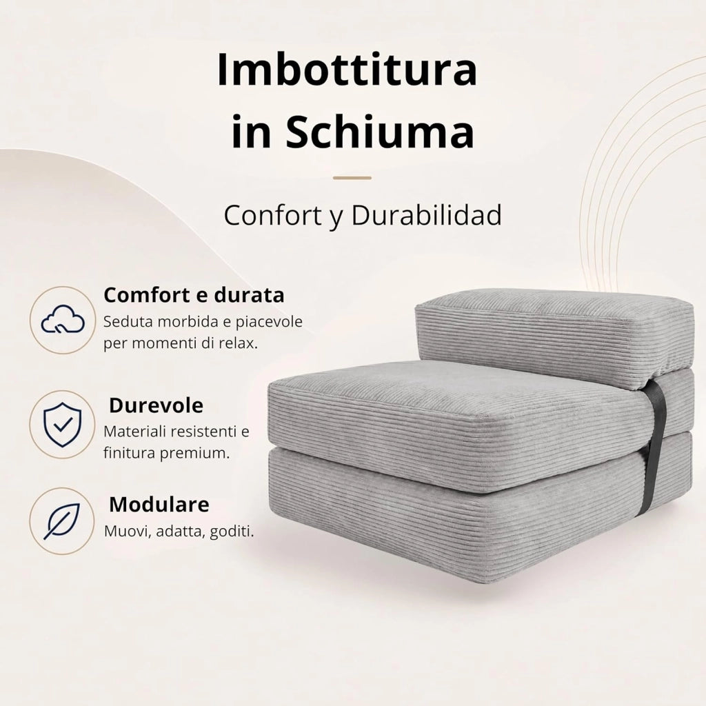 Poltrona Letto Singolo - Pouf Trasformabile in Letto Sfoderabile in Velluto a Coste - Futon Giapponese Pieghevole Pratico e Confortevole, Imbottito in Schiuma (70 x 190 cm, Grigio Chiaro)