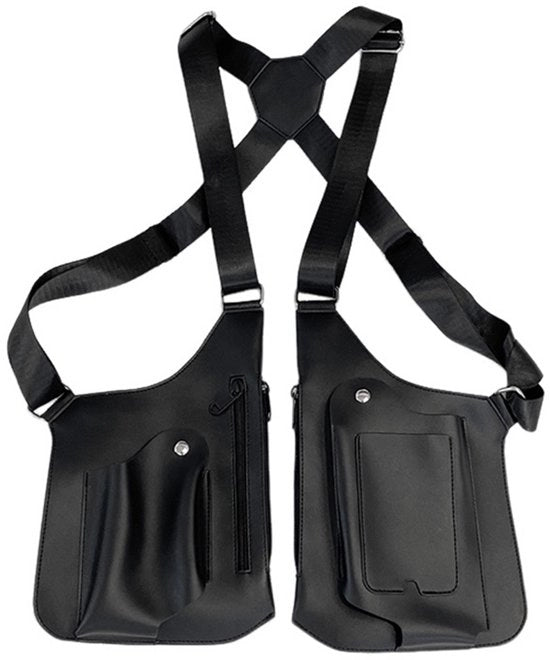 Borsa a spalla doppia con taschini chiusi sotto le braccia, tasca sul petto, fondina, tasca per telefono da giacca, borsa a spalla (nero).