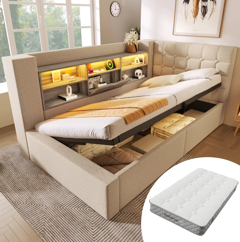 Letto singolo 90x200 cm in lino beige con LED; contenitore idraulico; USB e materasso