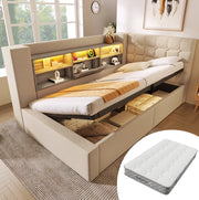 Letto singolo 90x200 cm in lino beige con LED; contenitore idraulico; USB e materasso