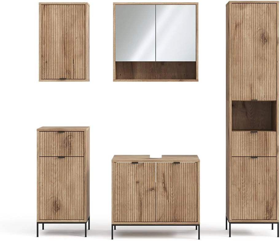 Set di mobili da bagno Eliza, Quercia vichinga, 70 cm, composto da mobile sottolavabo, specchiera, colonna, base media e pensile