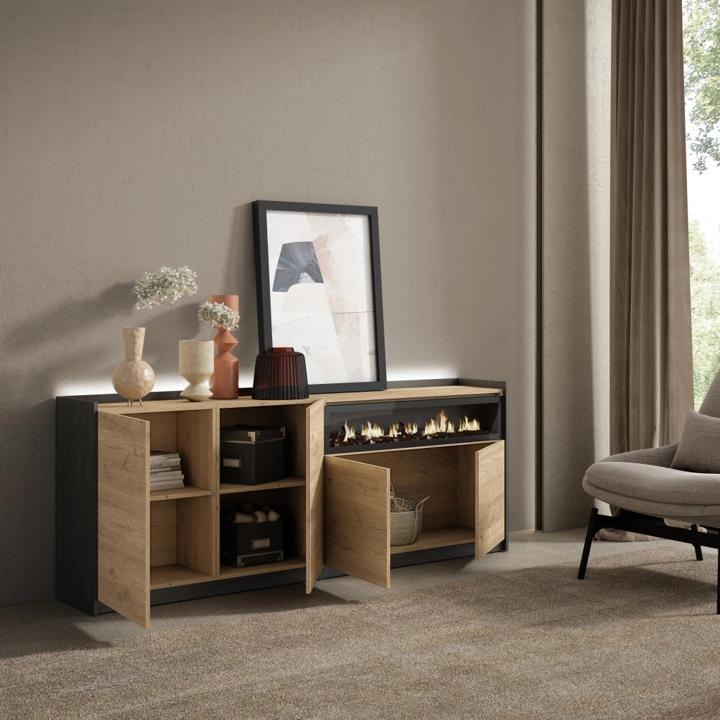 Credenza, Mobile, Cucina, 207x80x37 cm, 4 Porte, Camino elettrico, LED, Rovere e nero