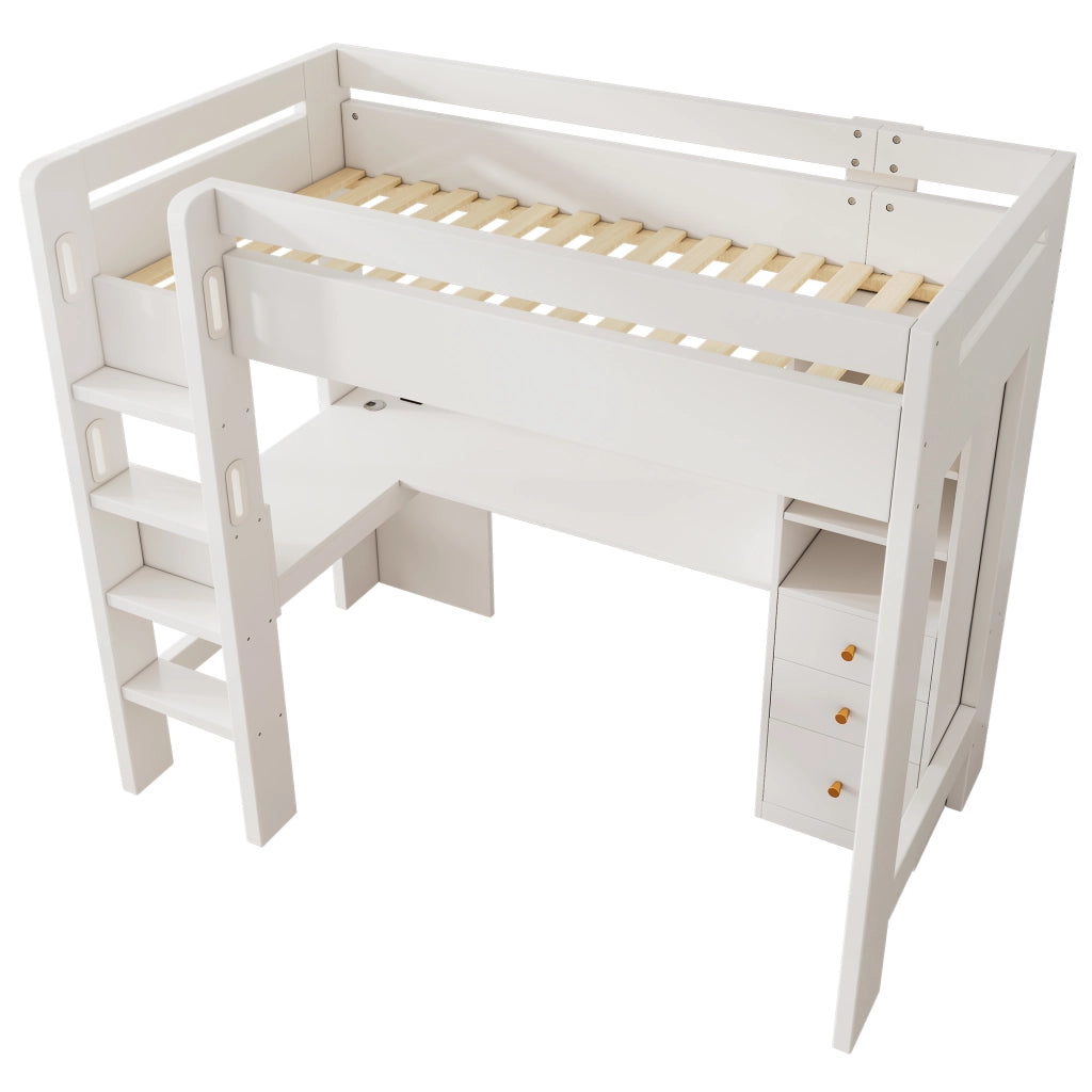 Letto a soppalco Letto Singolo con Scrivania a L; 3 Ripiani; 3 Cassetti e USB e Tipo C; 90 x 200 cm; senza Materasso