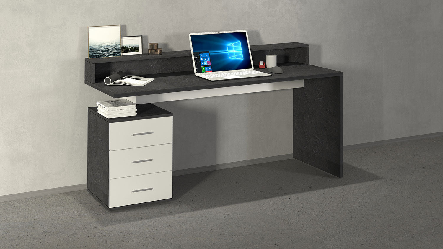 Scrivania 3 Cassetti e Ripiani a Giorno 160x60x90 cm New Selina Bianco Lucido/Report Grigio