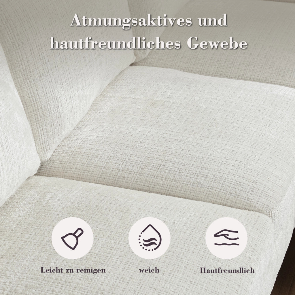 OKWISH Divano Lineare 4 Posti con Pouf Contenitore, Portabicchieri e Tasche Laterali, Ciniglia Beige