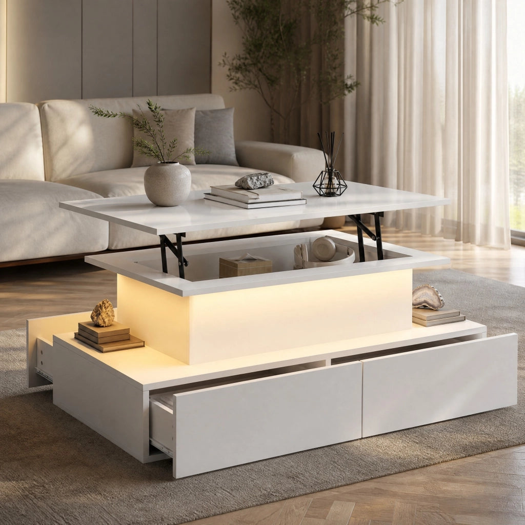 Tavolino da caffè LED in finitura bianco lucido 90x55x41 cm con 4 cassetti e vano contenitore