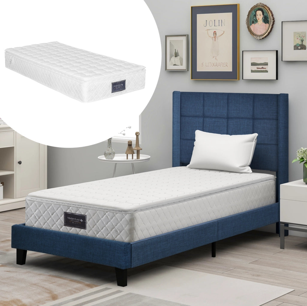 Letto singolo imbottito 90x200 cm in lino blu con testiera alta; rete a doghe e materasso