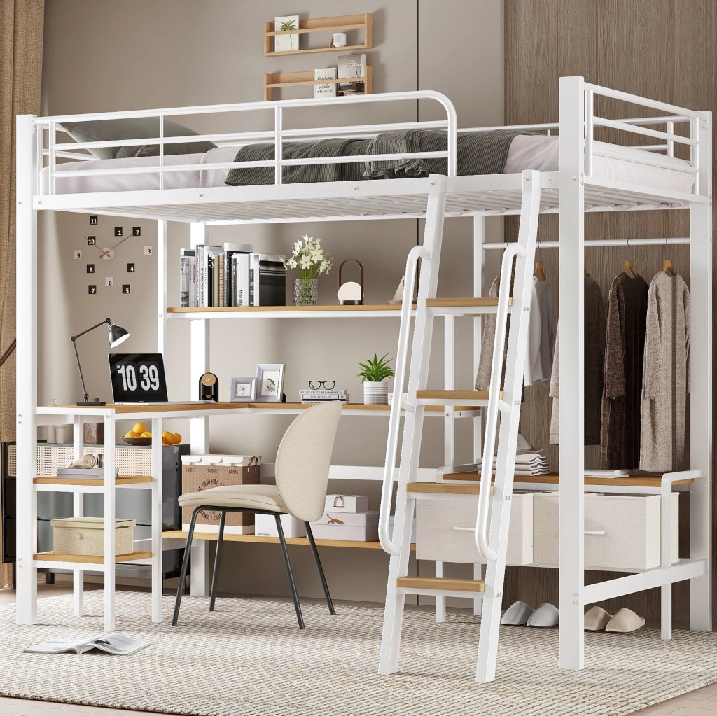Letto a soppalco 90x200 con scrivania e scaffale bianco naturale