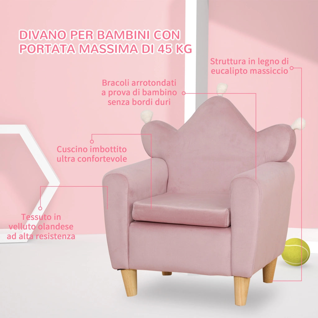 Poltrona Bambini in Velluto Rosa con Schienale a Corona ¨C zephmum ¨C 50x42x58 cm