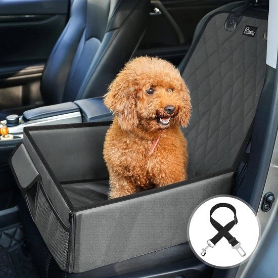 Autostoel per cani trasportabile con cintura di sicurezza per auto, furgoni e SUV, colore grigio.