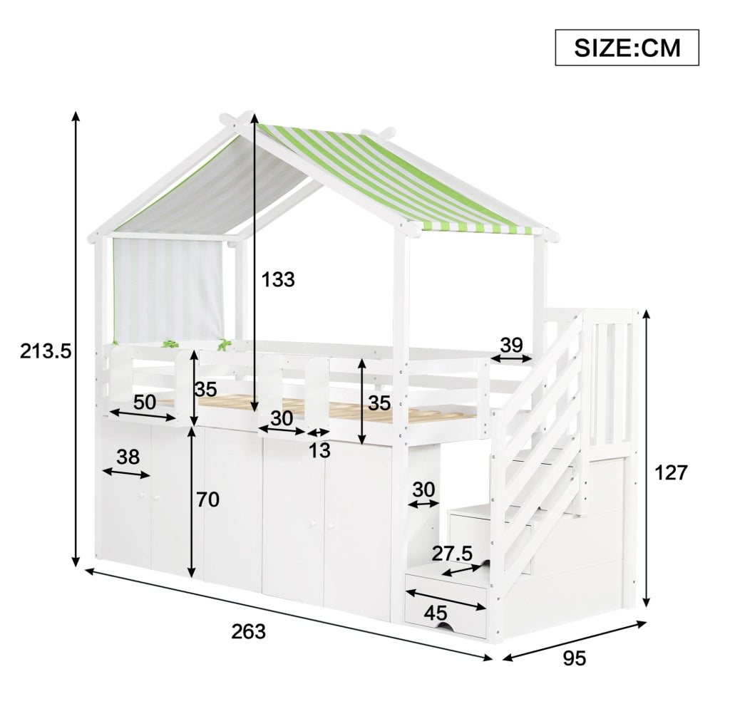 Letto a castello per bambini 90x200 cm con scala contenitore; armadio e vani portaoggetti; bianco e verde