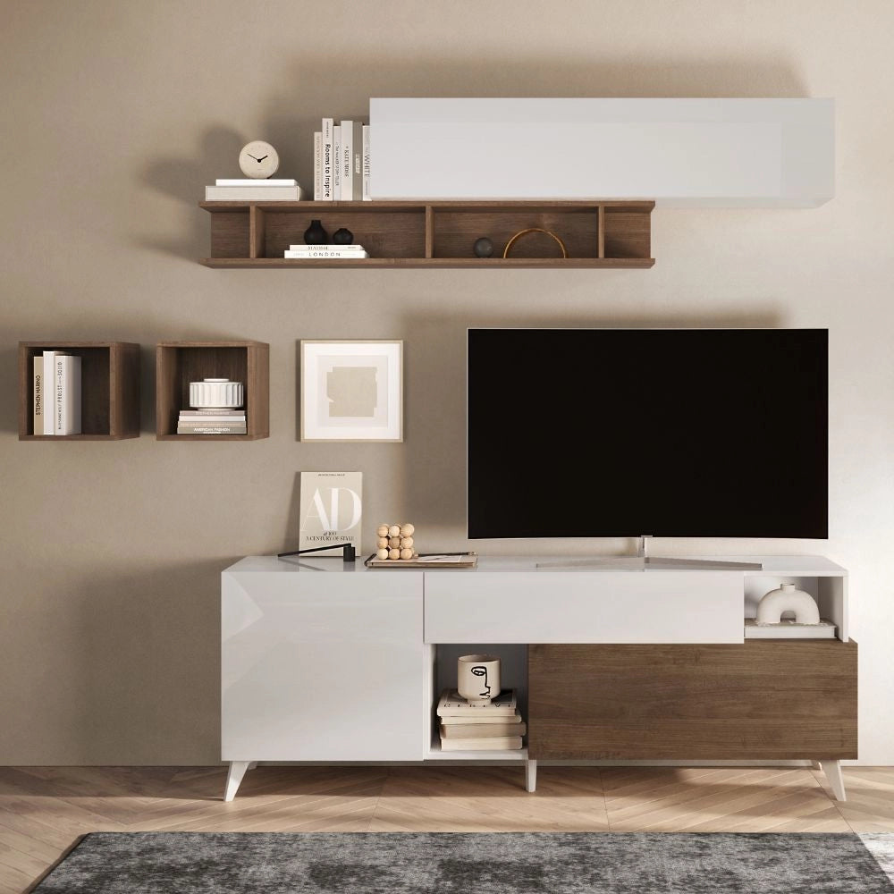 Porta Tv Marion 180 cm in bianco lucido e mercure