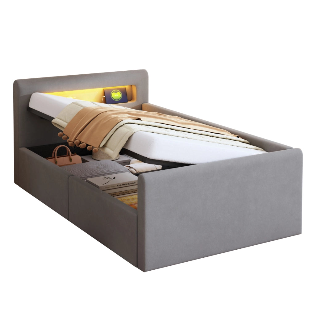 Letto 90x200 cm - Letto imbottito,Con luce notturna,Porta di ricarica USB,Con vani portaoggetti,Velluto,Funzione di accumulo idraulico,grigio