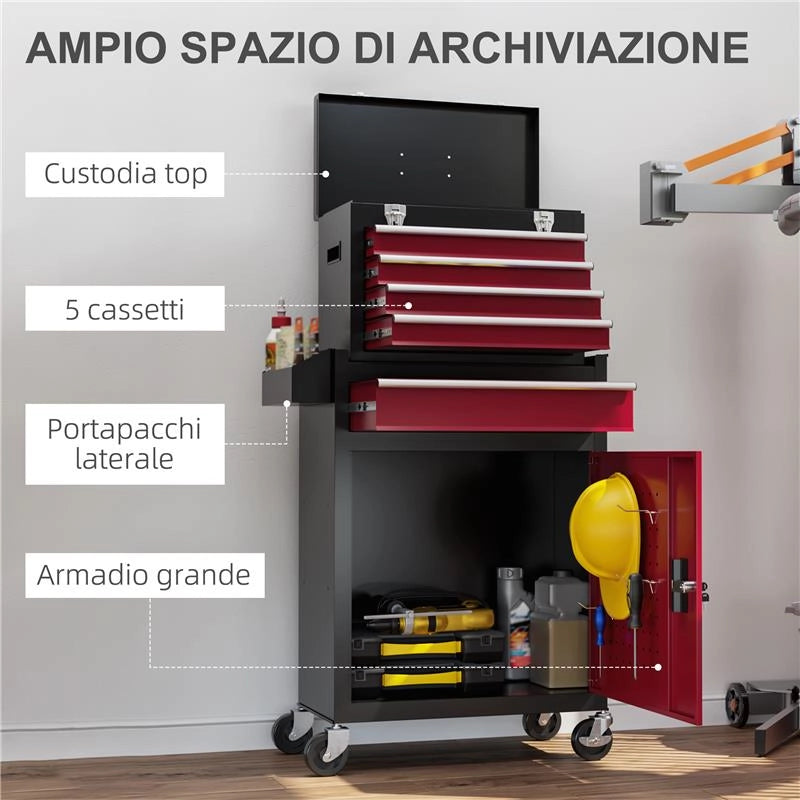 CARRELLO PORTA ATTREZZI 5 CASSETTI, CASSETTA RIMOVIBILE E ARMADIETTO CON CHIAVE IN ACCIAIO, ROSSO
