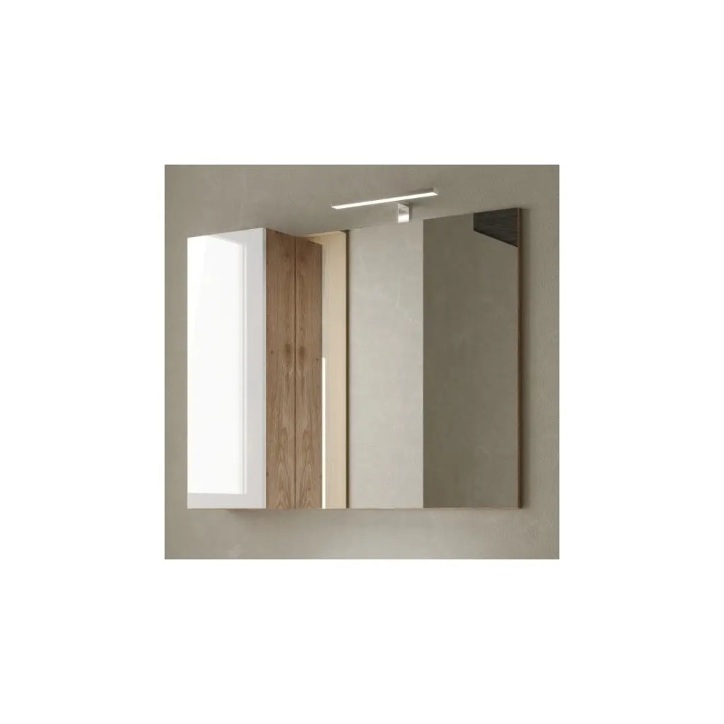 Specchio design con vano portaoggetti, 92x75 cm, collezione BURA, colori bianco lucido e rovere chiaro