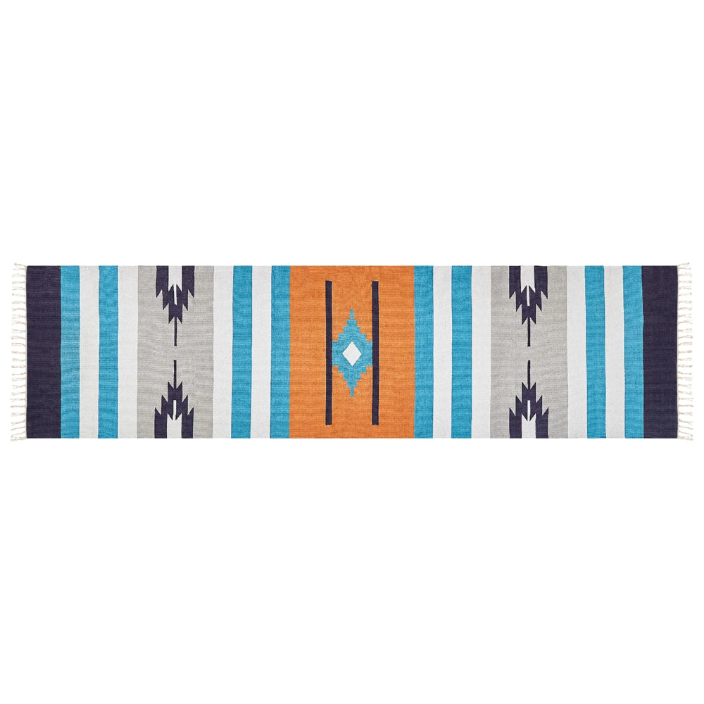 Tappeto Kilim multicolore in cotone 80 x 300 cm tessuto a mano a trama piatta reversibile con motivi geometrici e frange, tradizionale Boho, per il soggiorno e la camera da letto.