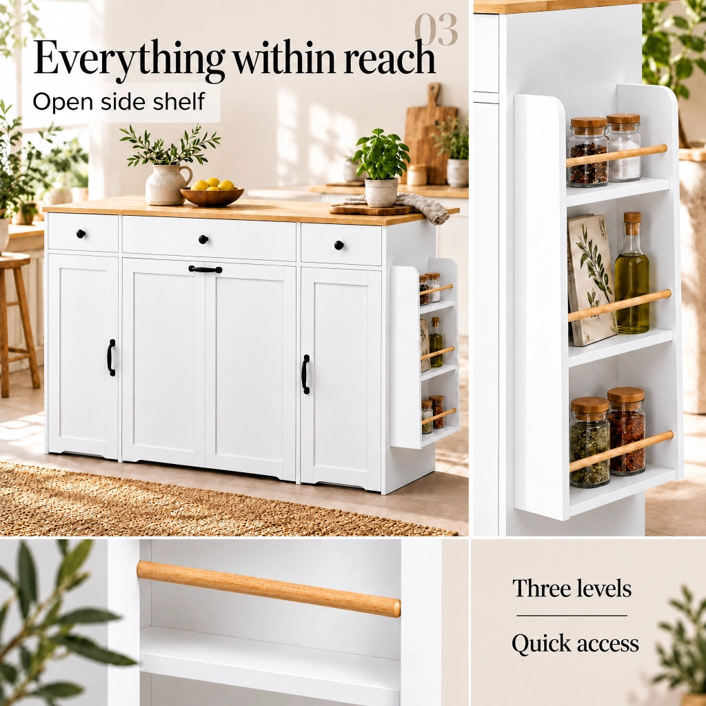 Sideboard bianco con 3 cassetti, 2 ante e piano superiore color legno per cucina e sala da pranzo