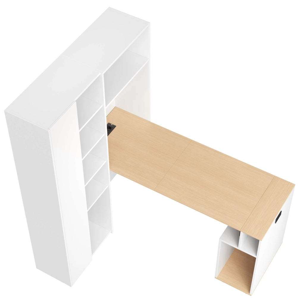 Scrivania pieghevole 104.5x30.5x160 cm con libreria integrata; presa USB; MDF bianco