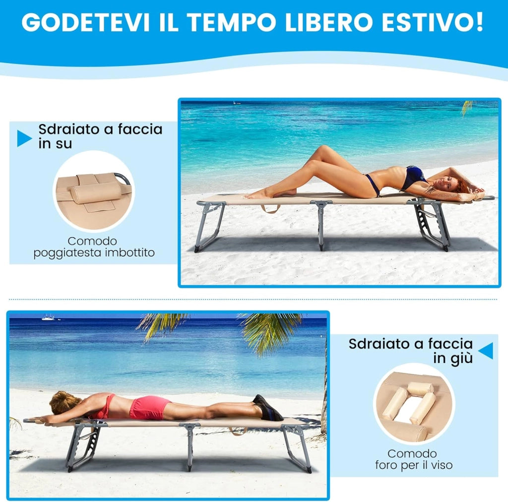 Lettino Prendisole Pieghevole, Sedia a Sdraio da Giardino con Foro per il Viso e Cuscini, Schienale Reclinabile, per Spiaggia Patio Piscina (beige)