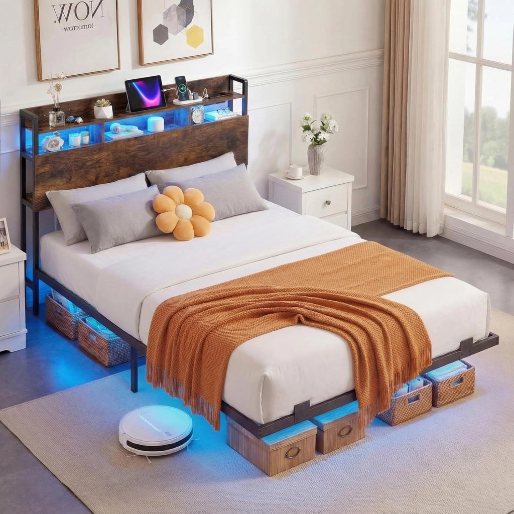 Letto Matrimoniale 140 x 200 cm, Struttura Letto Fluttuante con Luci LED e Stazione di Ricarica, Telaio Industriale in Metallo con Testiera Contenitore, Silenzioso