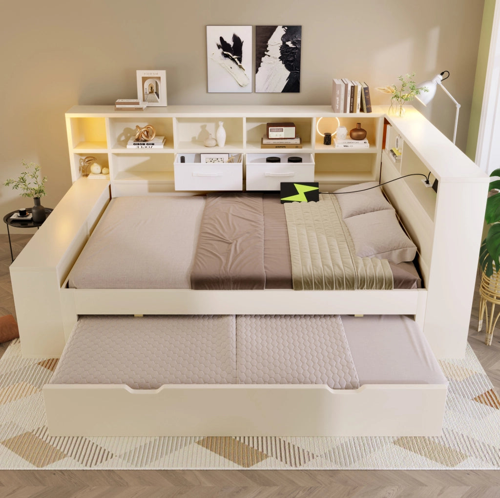 Letto 140x200 cm con letto estraibile; vani portaoggetti e porte USB/Type-C; bianco