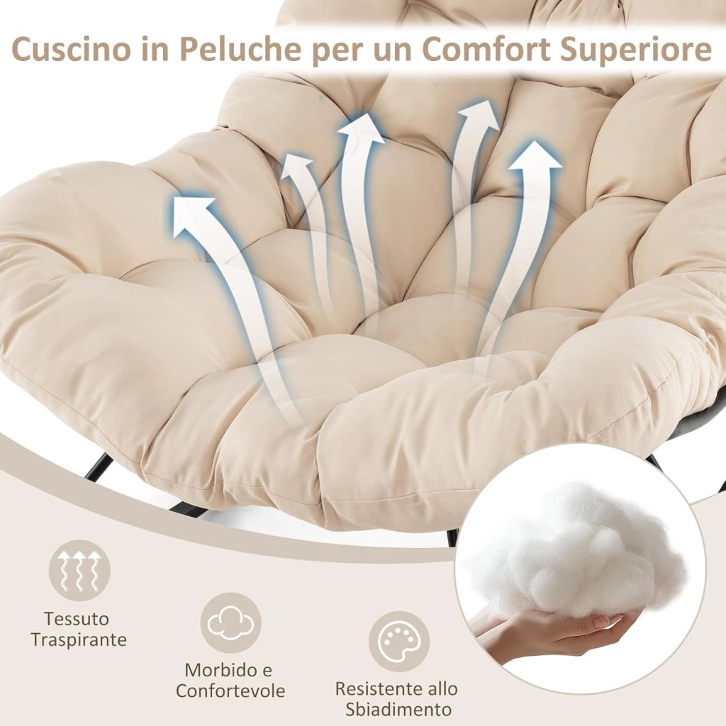Sedia a Dondolo, Poltrona Relax Ergonomica, Poltrona Sovradimensionato con Cuscino Imbottito, Sedia a Uovo con Struttura Metallica, per Soggiorno Portico Giardino, Portata 205 kg (Beige)