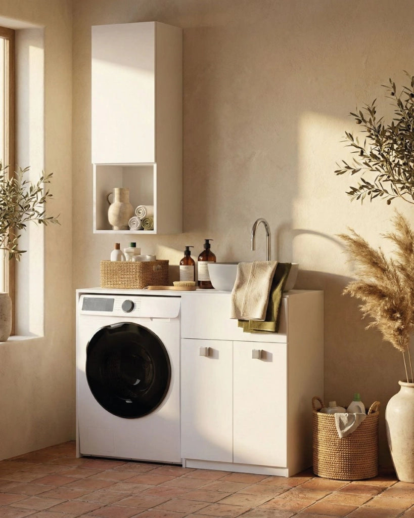 Mobile coprilavatrice Sindy Sx - Contenitore salvaspazio per bagno e lavanderia - Lavatrice non inclusa - Lavandino e Pensile compresi - Bianco - 122x93x60 cm_