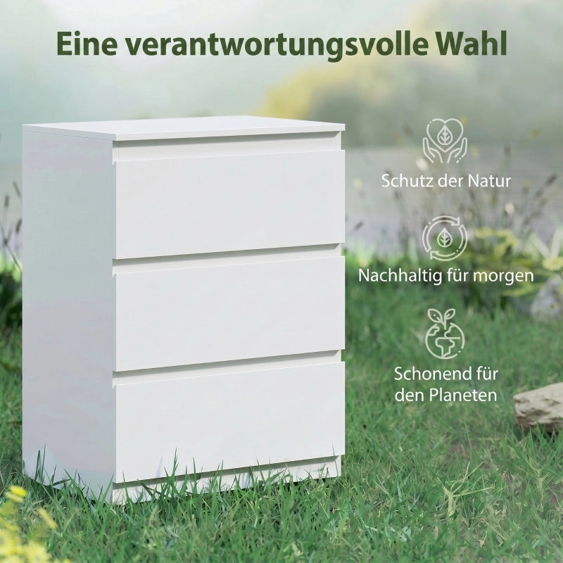 Comò con 3 cassetti senza maniglie e finitura opaca per camera da letto, bianco, 75 × 55 × 34 cm