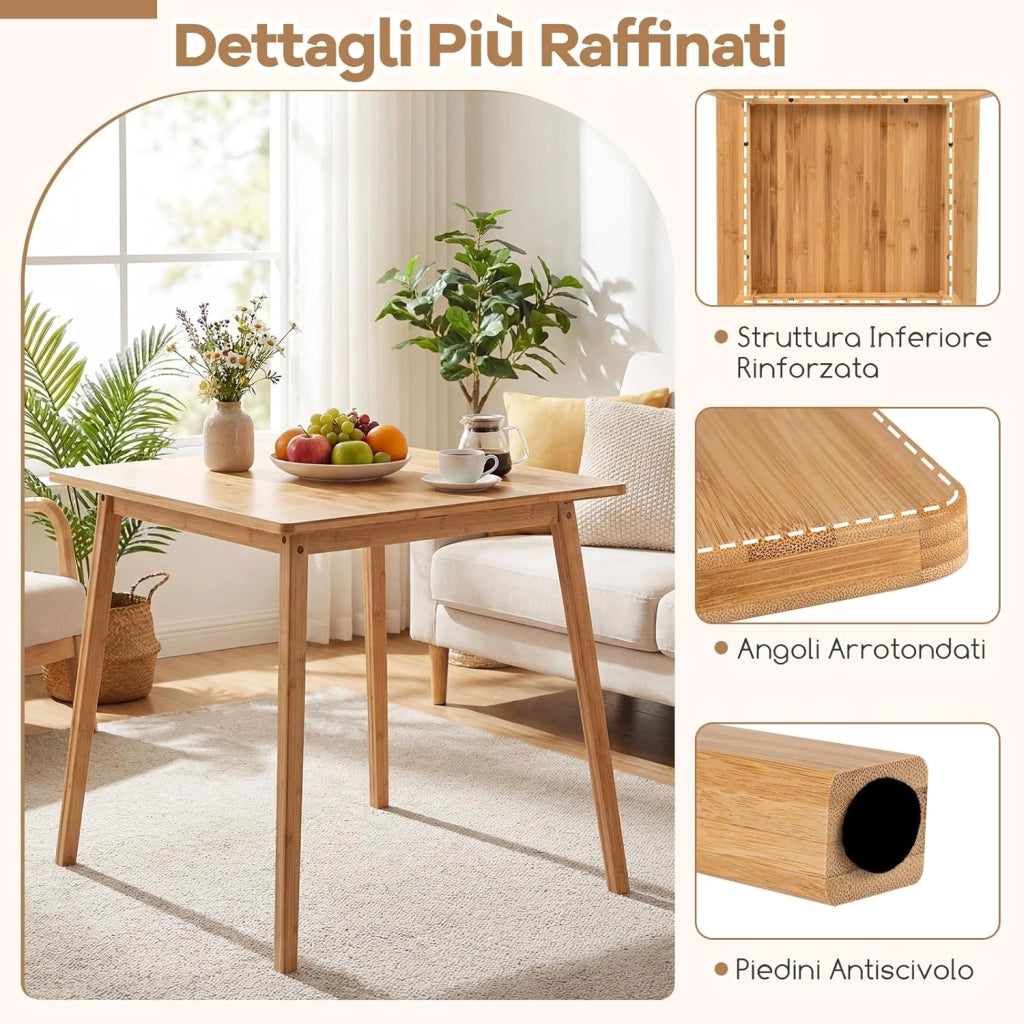 Tavolo da Pranzo in Bambù Ecologico per 4 Persone, Tavolo da Cucina Quadrato, Scrivania Stile Moderno, Tavolino per Spazi Piccoli, Sala da Pranzo, Soggiorno e Appartamento, 70 x 70 x 74,5 cm