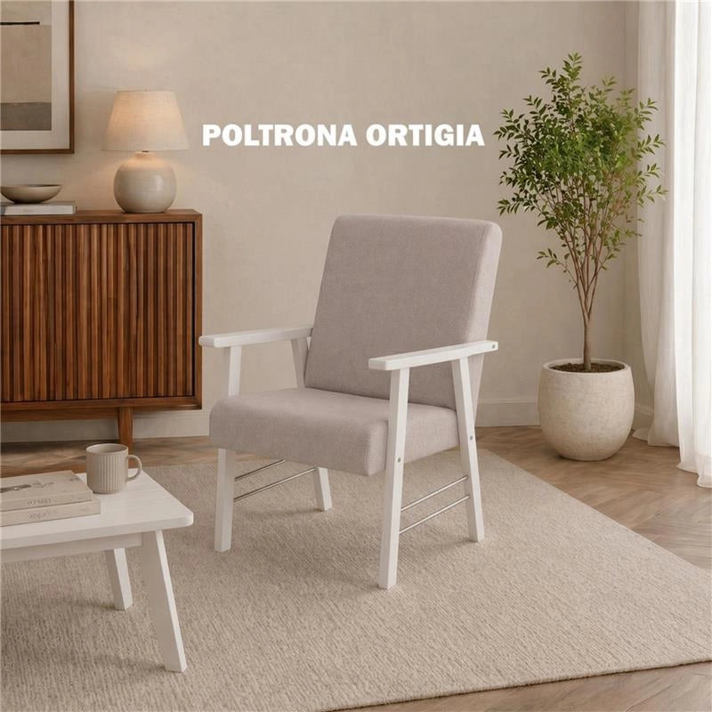 SET SALOTTO DA GIARDINO CON DIVANO, 2 POLTRONE + TAVOLINO IN LEGNO BIANCO E TESSUTO COLORE BEIGE